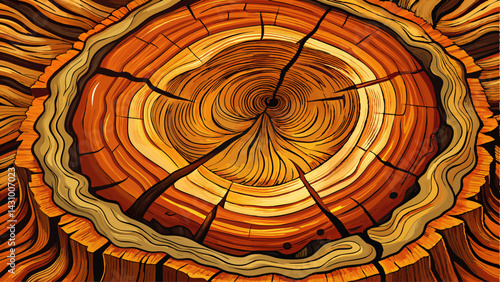Old wooden oak tree cut surface. Detailed warm dark brown and orange tones of a felled tree trunk or stump. Rough organic texture of tree rings with close up of end 