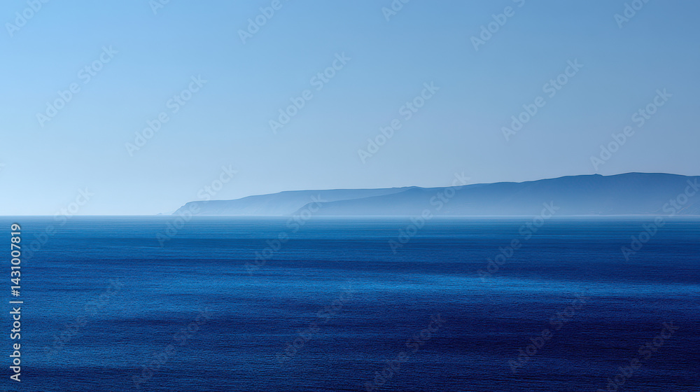 Naklejka premium Serene ocean vista featu deep blue water receding to a hazy distant shoreline under a clear bright sky creating a tranquil and scenic seascape view.