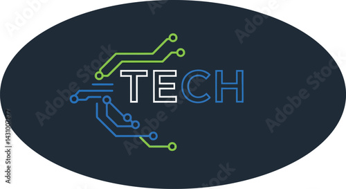 Tech logo design with circuit board elements in green and blue colors vector illustration 