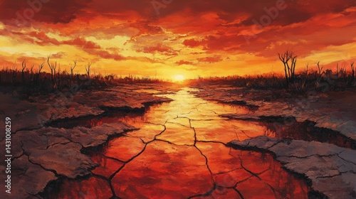 Sunset over dried riverbed, cracked earth, apocalyptic landscape