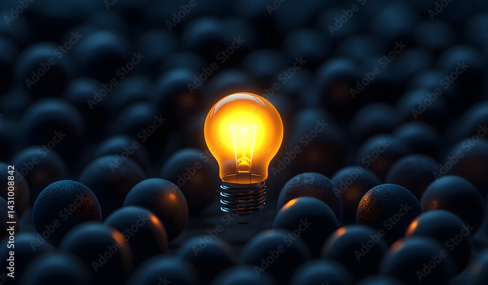 Obraz premium A glowing light bulb stands out from the crowd of dark spheres, symbolizing creativity and innovation. 