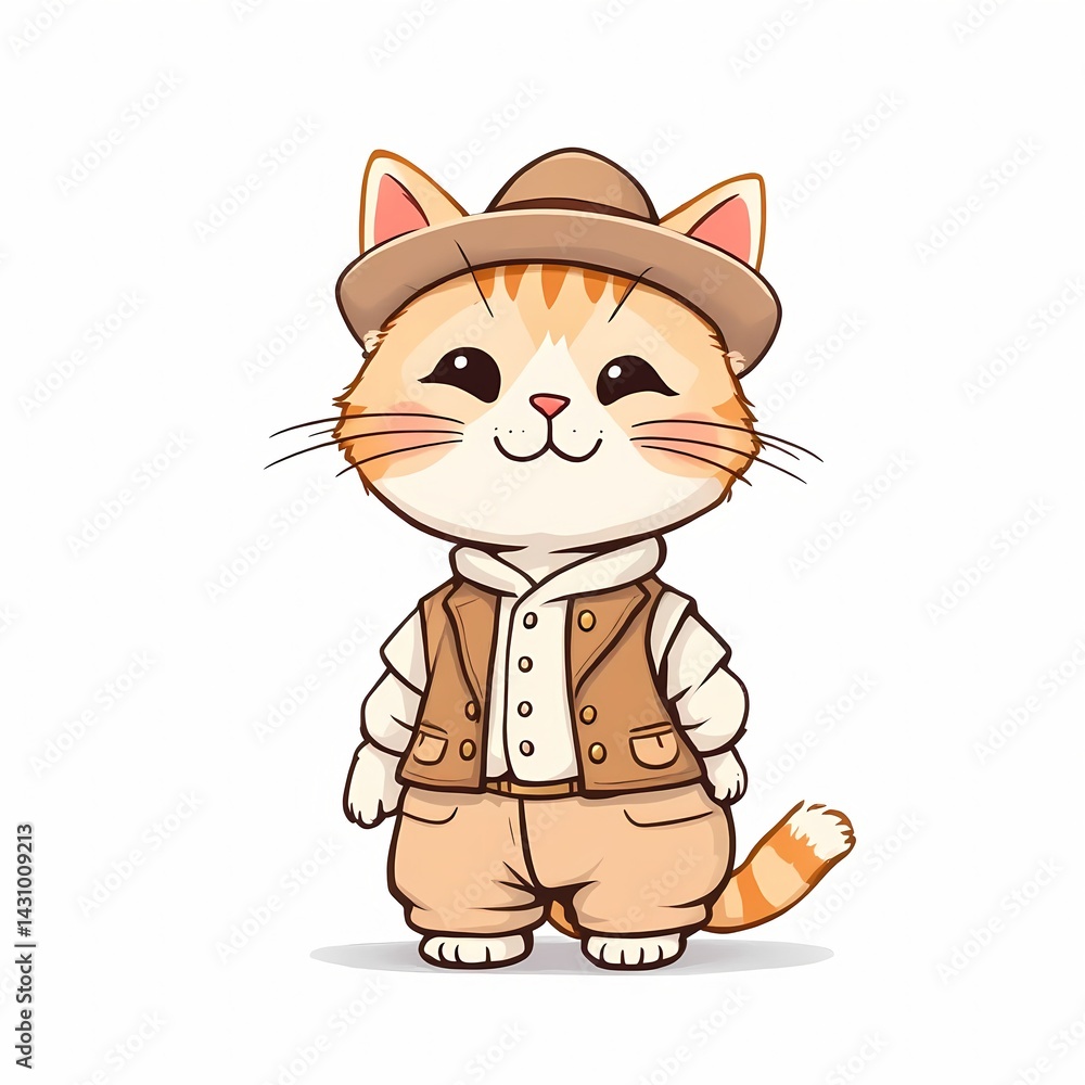 Adventurous Safari Cat Mascot in Explorer Outfit and Hat Adventurous Safari Cat Mascot in Explorer Outfit and Hat