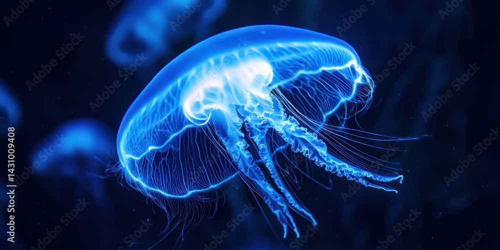 A jellyfish glowing in the deep, mysterious blue of the ocean, with its translucent body shimmering A jellyfish glowing in the deep, mysterious blue of the ocean, with its translucent body shimmering