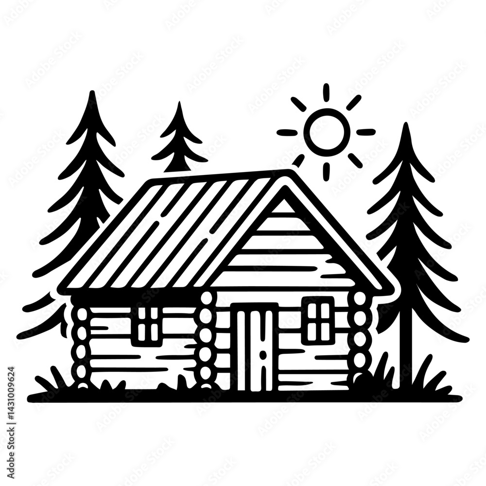 Fototapeta premium Hand drawn vector logo of a forest woodlog cabin