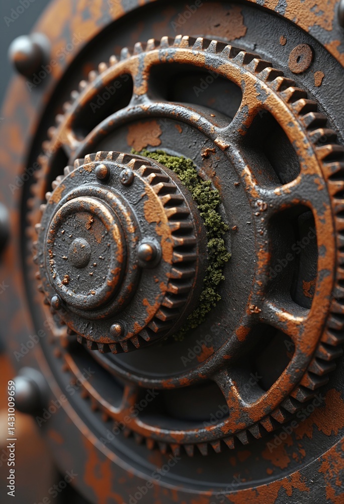 Close-up of a rusted gear with moss and dirt in the crevices, ultra-detailed textures Close-up of a rusted gear with moss and dirt in the crevices, ultra-detailed textures