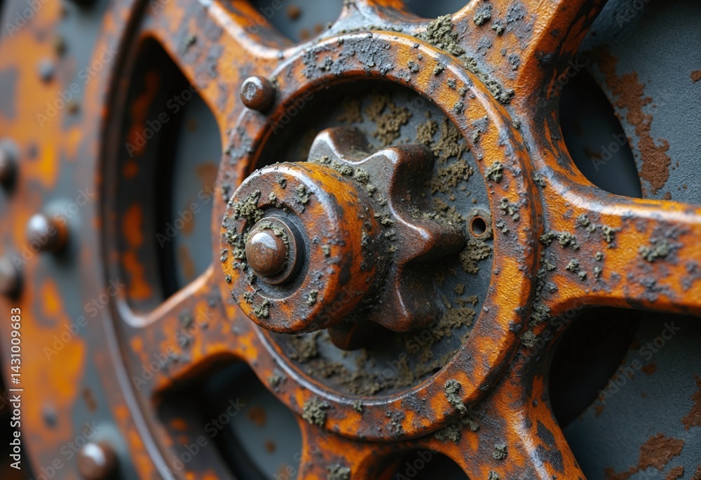 Close-up of a rusted gear with moss and dirt in the crevices, ultra-detailed textures Close-up of a rusted gear with moss and dirt in the crevices, ultra-detailed textures