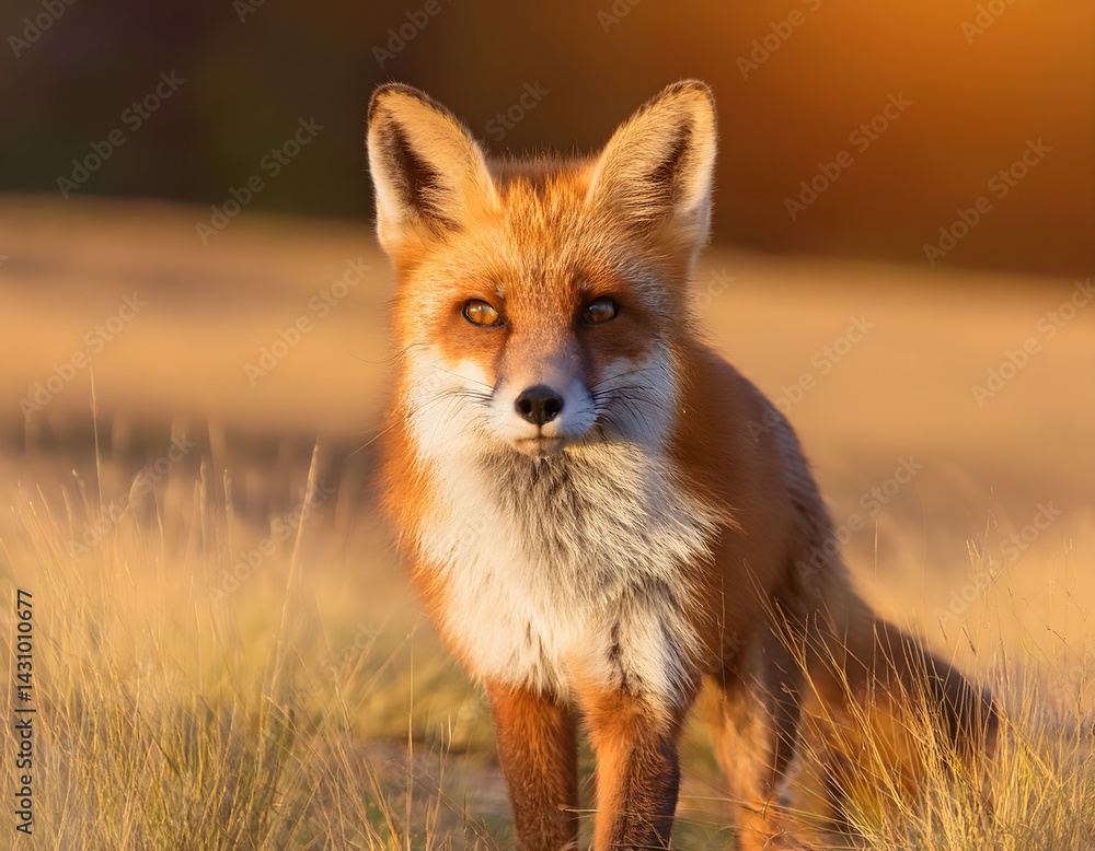 Fototapeta premium Red fox standing in dry grass at sunset