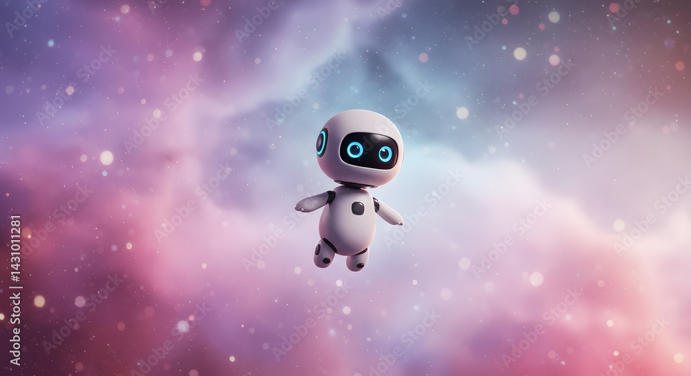 Floating Robot Against Nebula Background Floating Robot Against Nebula Background