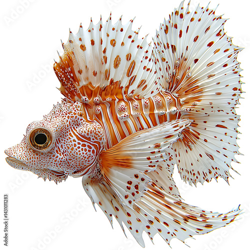 A white fish with elaborate fins and red spots swims isolated on a white background showcasing its unique ornamental appearance.