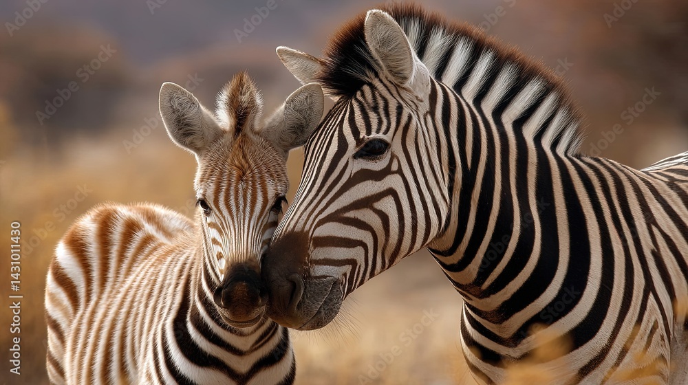 Naklejka premium Tender moment between a zebra and its foal nuzzling each other affectionately under soft daylight in a peaceful savanna