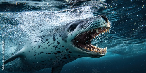 Fototapeta Naklejka Na Ścianę i Meble -  a leopard sealâ€™s sharp teeth as it opens its mouth, ready to hunt