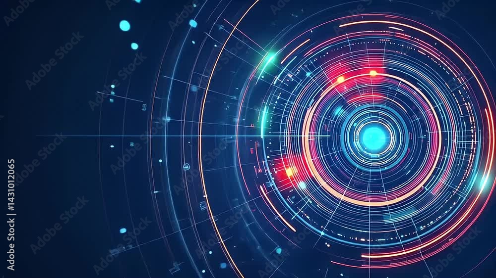 Futuristic Digital Abstract Animation Featuring Blue and Red Circular Structures and Dot Connections Futuristic Digital Abstract Animation Featuring Blue and Red Circular Structures and Dot Connections