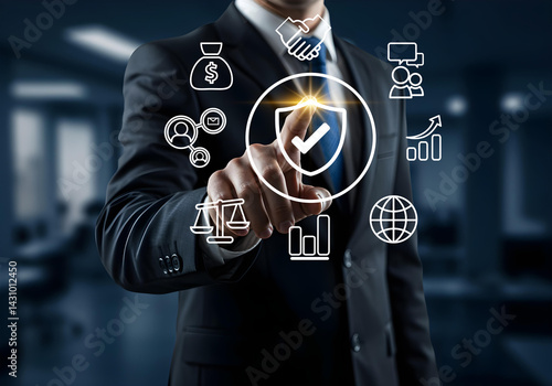 The concept of work safety and compliance. A businessman point icons on virtual checklist representing work safety, compliance, risk management. Ai generative