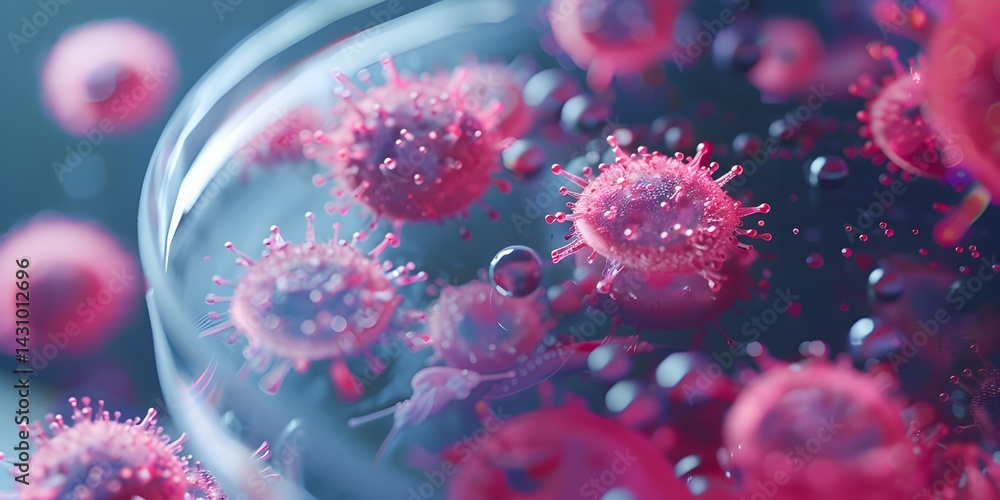 Vibrant Pink & Red Coronavirus Micrograph – Detailed Virus Particles with Spike Projections in Liquid Medium for Medical Research & Education Vibrant Pink & Red Coronavirus Micrograph – Detailed Virus Particles with Spike Projections in Liquid Medium for Medical Research & Education