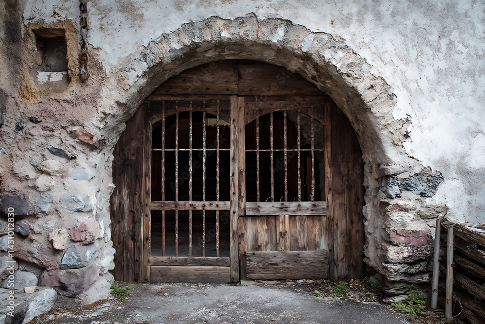 Obraz premium A rustic arched doorway with a barred metallic gate, creating an intriguing and weathered entrance.