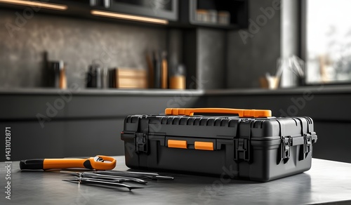 Black plastic tool case with orange tools on a gray table in a modern home interior, close-up view. 
