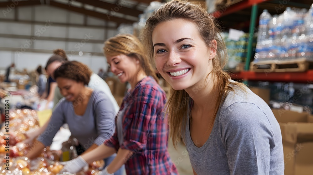 Obraz premium Cheerful Female Volunteers Sorting Food Donations at Local Community Center During Charitable Event