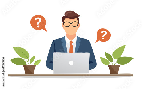 Contemplation, doubt or unsure, curiosity thinking to solve problem, question in the head, uncertainty or confusion, decision concept, businessman thinking on computer laptop with doubt question mark.