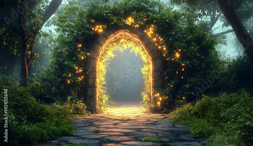 Spectacular fantasy scene with a portal archway covered in creepers. In the fantasy world, ancient magical stone gate show another dimension. Digital art 3D illustration.