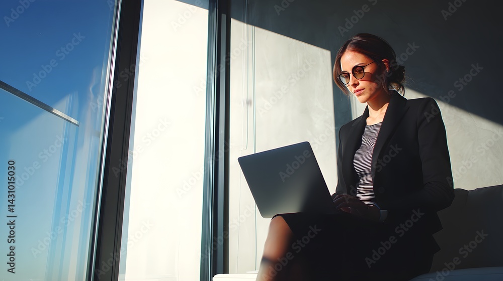 Fototapeta premium Businesswoman Typing on Laptop in Modern Office with Indoor Lighting and Scenic City View