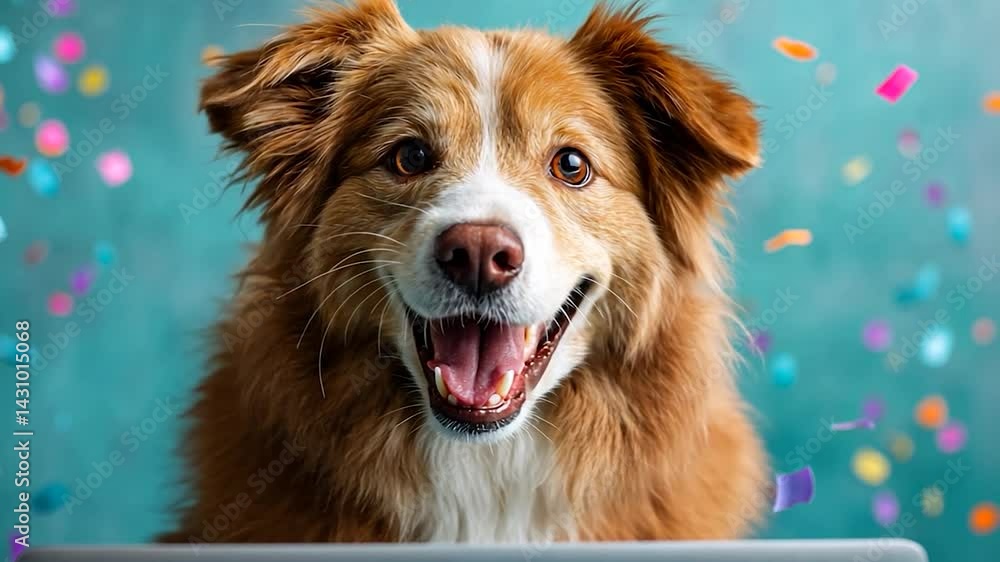 Happy pup smiles under confetti Happy pup smiles under confetti