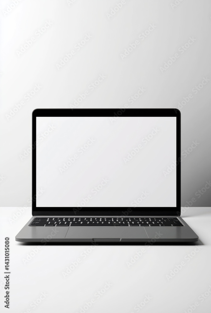 Close-up of a laptop with white blank mock up screen on a neutral background Close-up of a laptop with white blank mock up screen on a neutral background