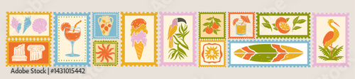 Tropical summer postal travel stamp, hand drawn exotic vacation postage island bird silhouette print. Vintage hand drawn tourism sticker, ocean surfboard, fruit cocktail retro set. Summer stamp tile