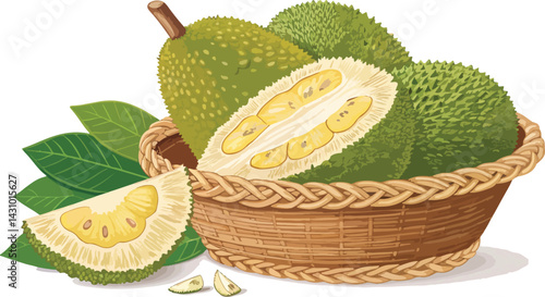 Jack Fruit Illustration vector design, Jack Fruit with Jack Fruit Slice in basket in white background