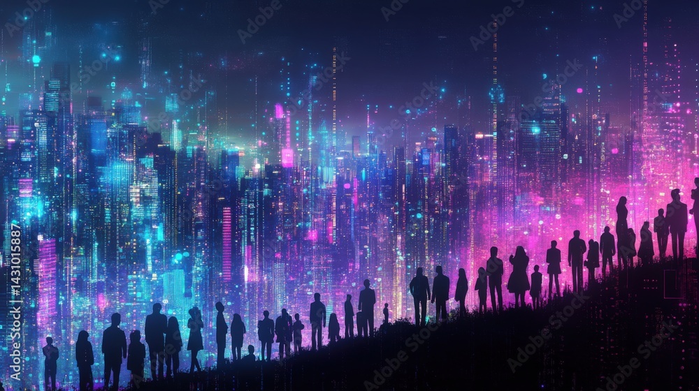 Silhouetted Figures Against a Vibrant Cityscape at Night in Futuristic Style