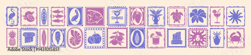 Tropical summer vacation stamp, exotic travel postage print island nature silhouette tile collection. Vector hand drawn Hawaii fruit symbol, ocean beach tourism vintage sticker. Mosaic summer stamp