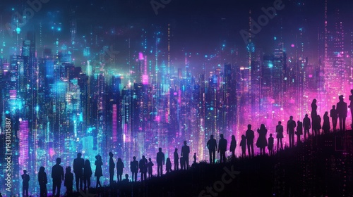 Obraz na płótnie Silhouetted Figures Against a Vibrant Cityscape at Night in Futuristic Style w salonie