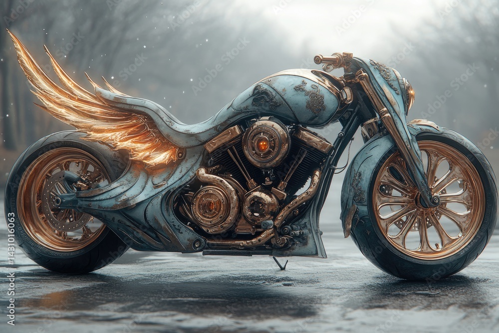 Motorcycle with wings fantasy art style illustration detailed engine and wheels.
