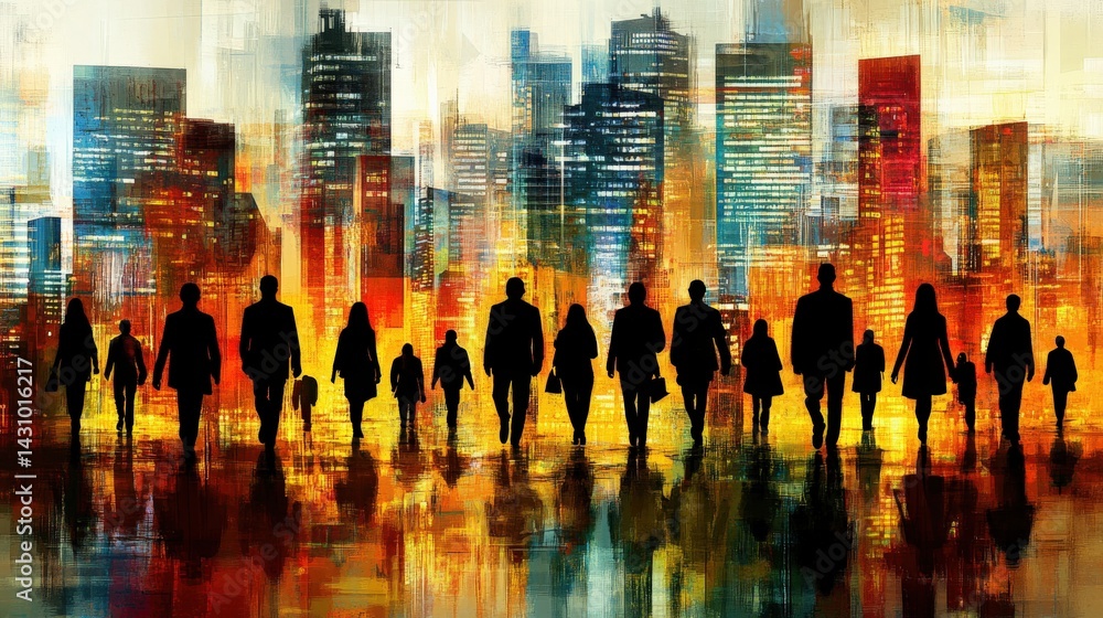 Silhouetted Business People Walking in a Colorful Cityscape at Sunset