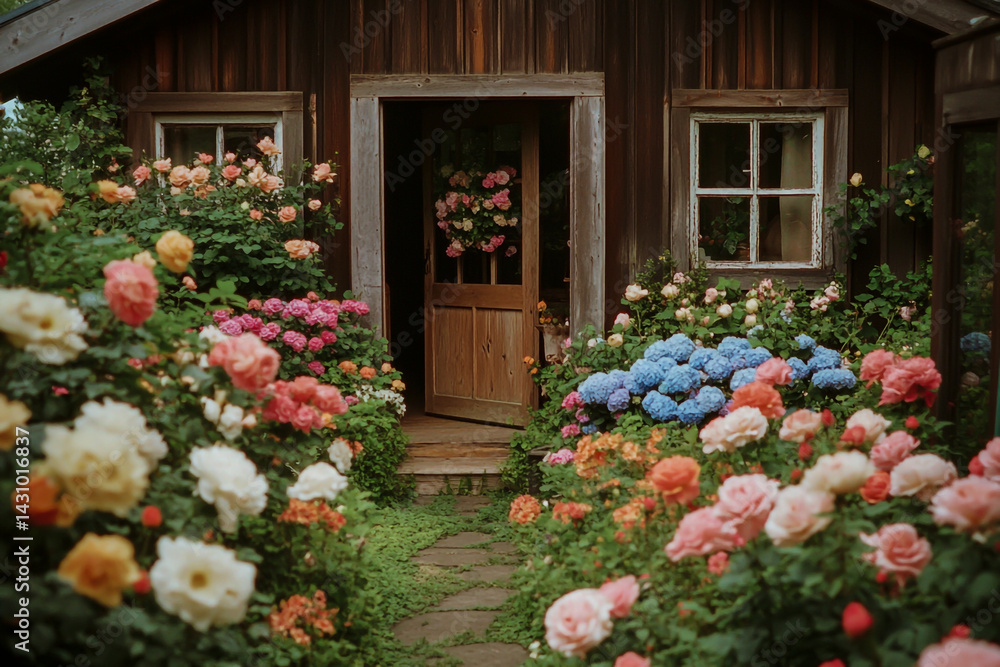 Fototapeta premium Situated in the welcoming entrance of a rustic, weathered wooden house, is a lovely picture of a lovely cottage garden in full bloom with vibrant roses, peonies and hydrangeas.