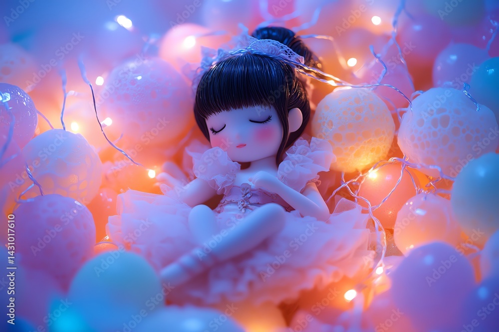 Fototapeta premium Sleeping Ballerina Doll Surrounded by Soft Lights and Pastel Colors