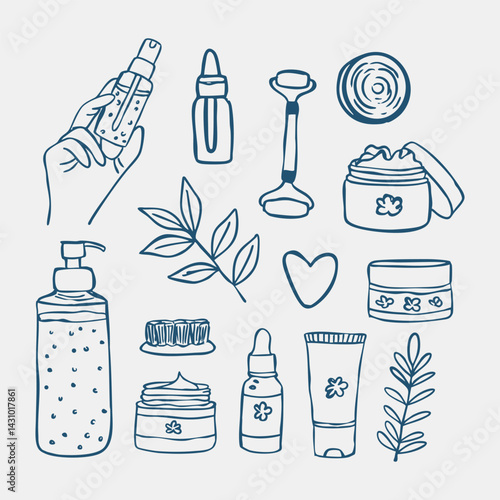 hand drawn doodle skincare routine. Skincare products icon. Vector illustration