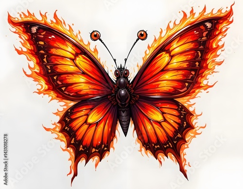Fiery Monarch Butterfly: A Digital Painting of an Enflamed Insect with Intricate Wing Details photo