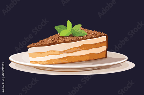 Slice of Tiramisu Cake on Plate - Vector Illustration