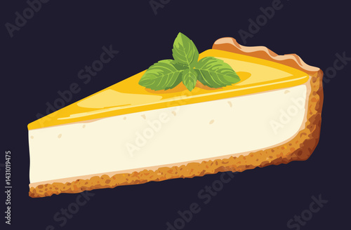 Slice of Cheesecake with Mint Leaves - Vector Illustration