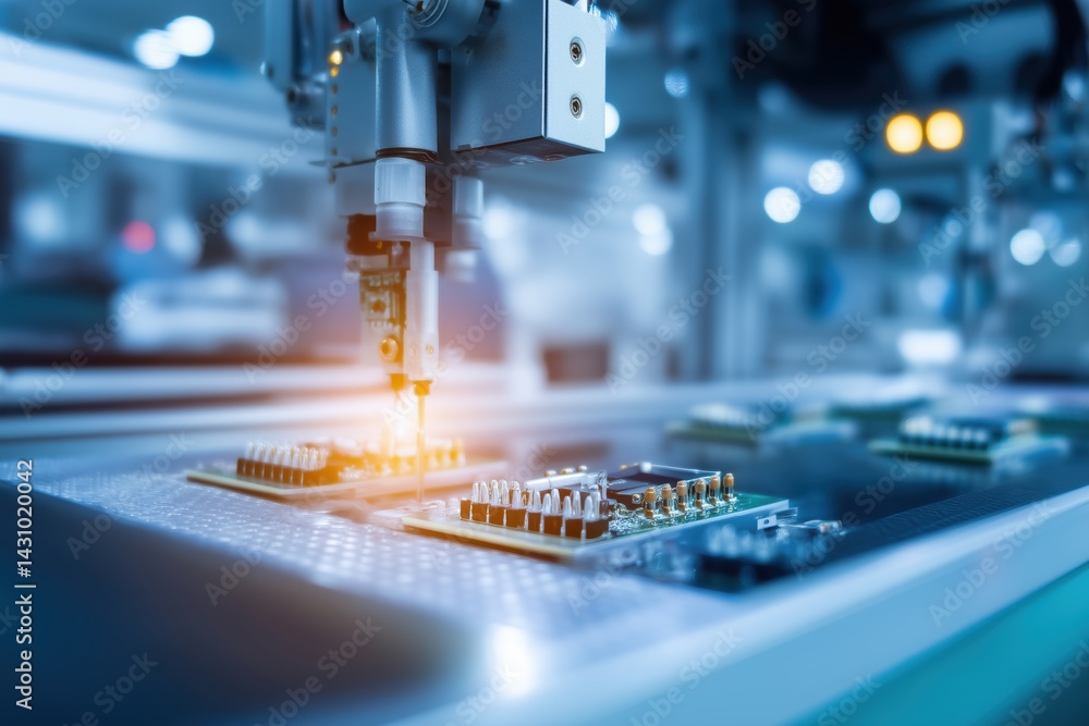 Close-up of advanced robotic arm assembling electronic circuit board in a modern cleanroom manufacturing facility, showcasing innovation and precision in technology Close-up of advanced robotic arm assembling electronic circuit board in a modern cleanroom manufacturing facility, showcasing innovation and precision in technology