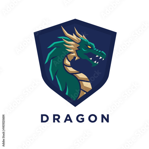 Dragon logo design with green and gold colors on dark blue shield background for branding 