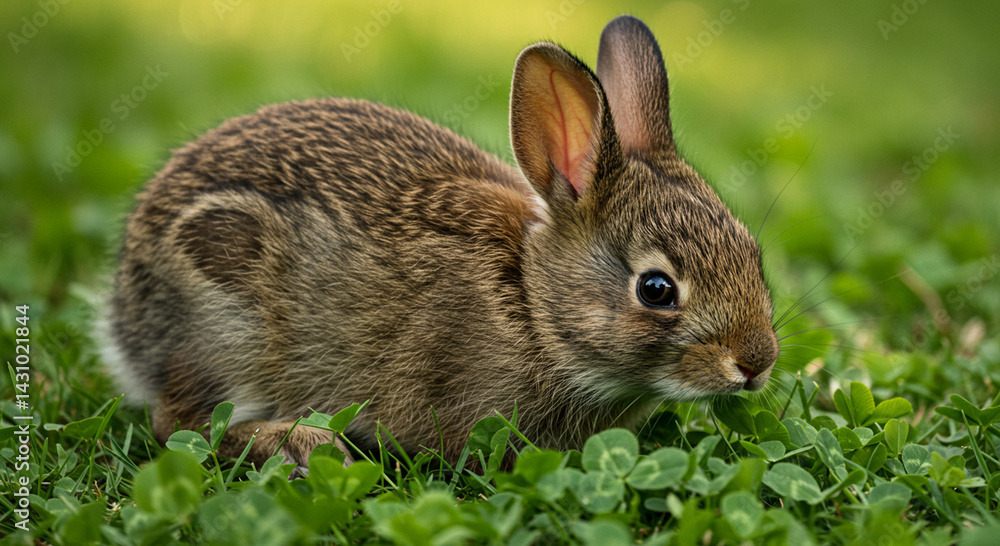 Fototapeta premium Close-up of a wild rabbit eating grass in a field of clover greenery