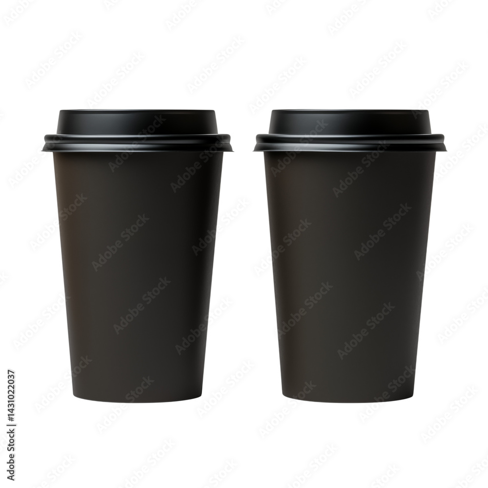 Two black coffee cups with black lids sitting side by side on a transparent background in a studio shot png Two black coffee cups with black lids sitting side by side on a transparent background in a studio shot png