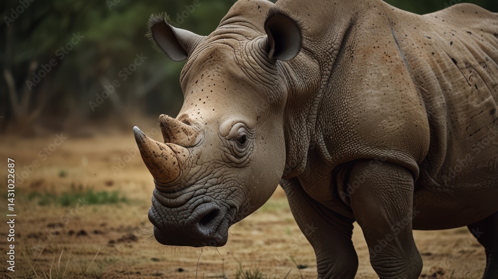 Fototapeta premium White rhino portrait in savanna. Possible use nature, wildlife