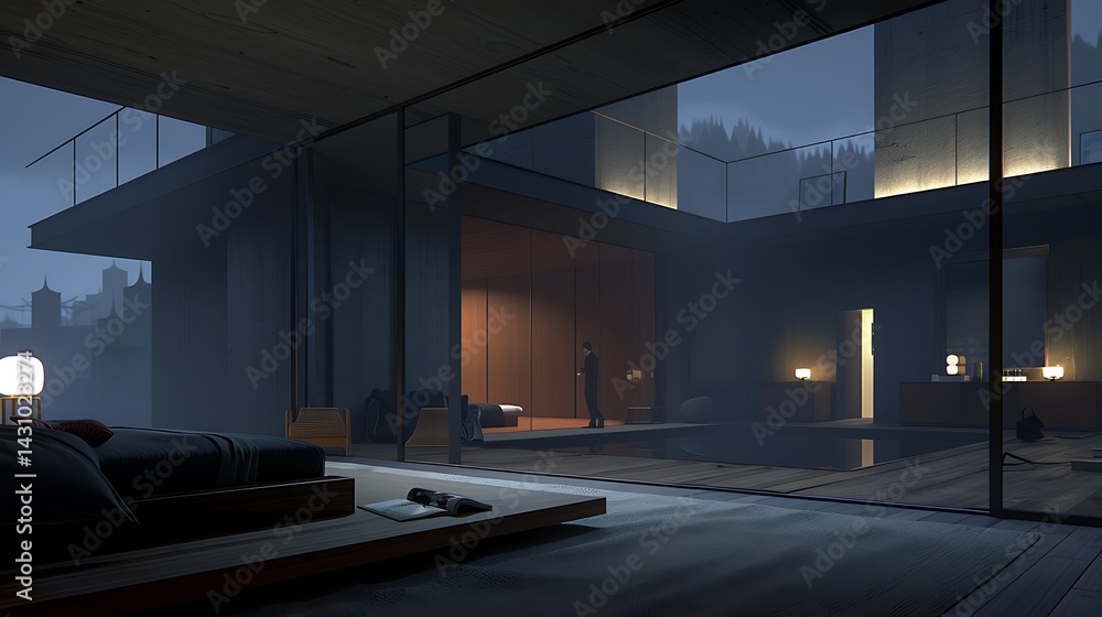 Contemplative serenity: A modern villa reflecting twilight introspection Contemplative serenity: A modern villa reflecting twilight introspection