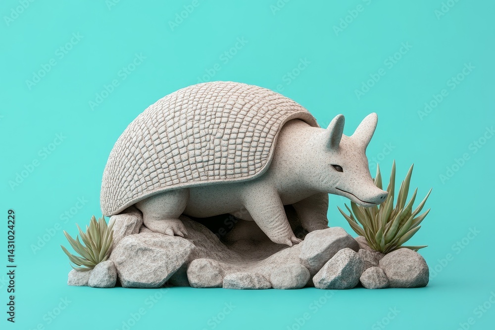 Obraz premium A stylized representation of a white armadillo on rocks.
