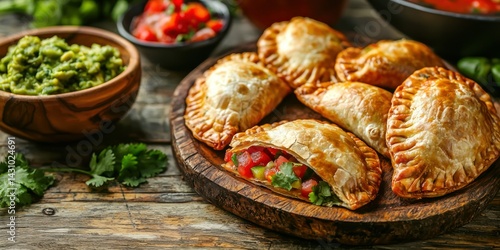 Wallpaper Mural A rustic wooden platter with freshly baked empanadas, served with a side of salsa and guacamole Torontodigital.ca