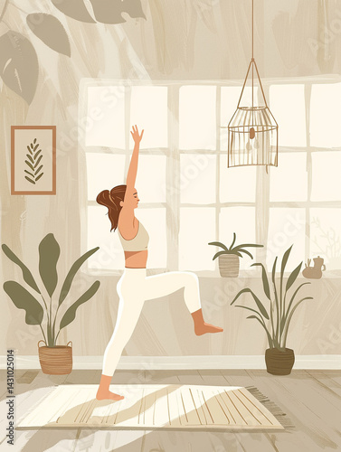Woman practices yoga in a sunlit room filled with lush green potted plants and soft neutral tones.