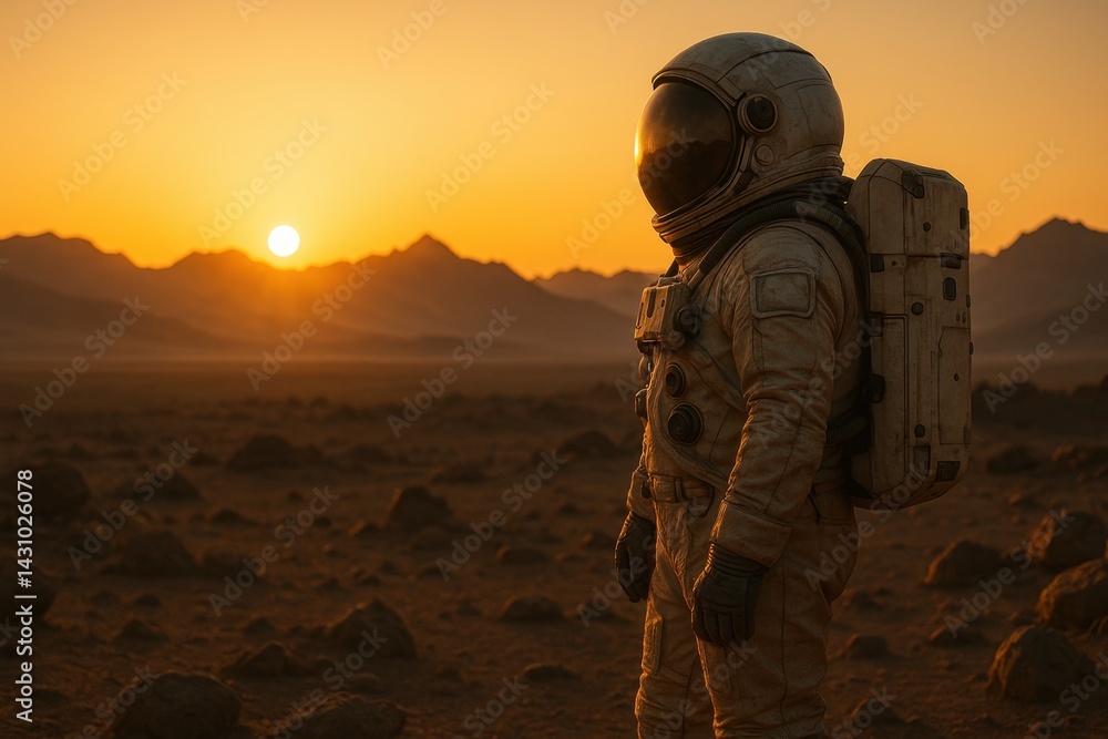 Astronaut standing on Martian plain at golden sunset. AI-generated