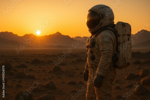 Obraz na płótnie Astronaut standing on Martian plain at golden sunset. AI-generated w salonie